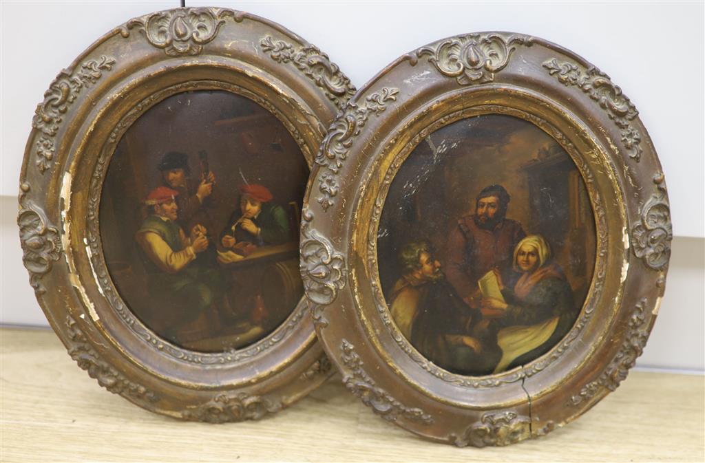 19th century German School, pair of oils on zinc, Tavern interiors, oval, 20 x 16cm